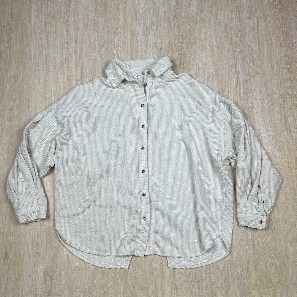 Zara Off White Corduroy Button Front Long Sleeve Crossover Back Shirt Medium